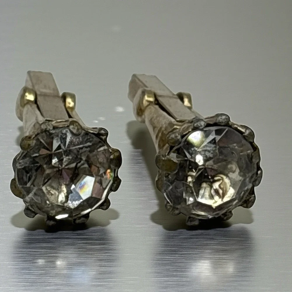 Vintage Cufflinks Large Faceted Crystal Prong Set Gold Tone Formal Suit READ‎